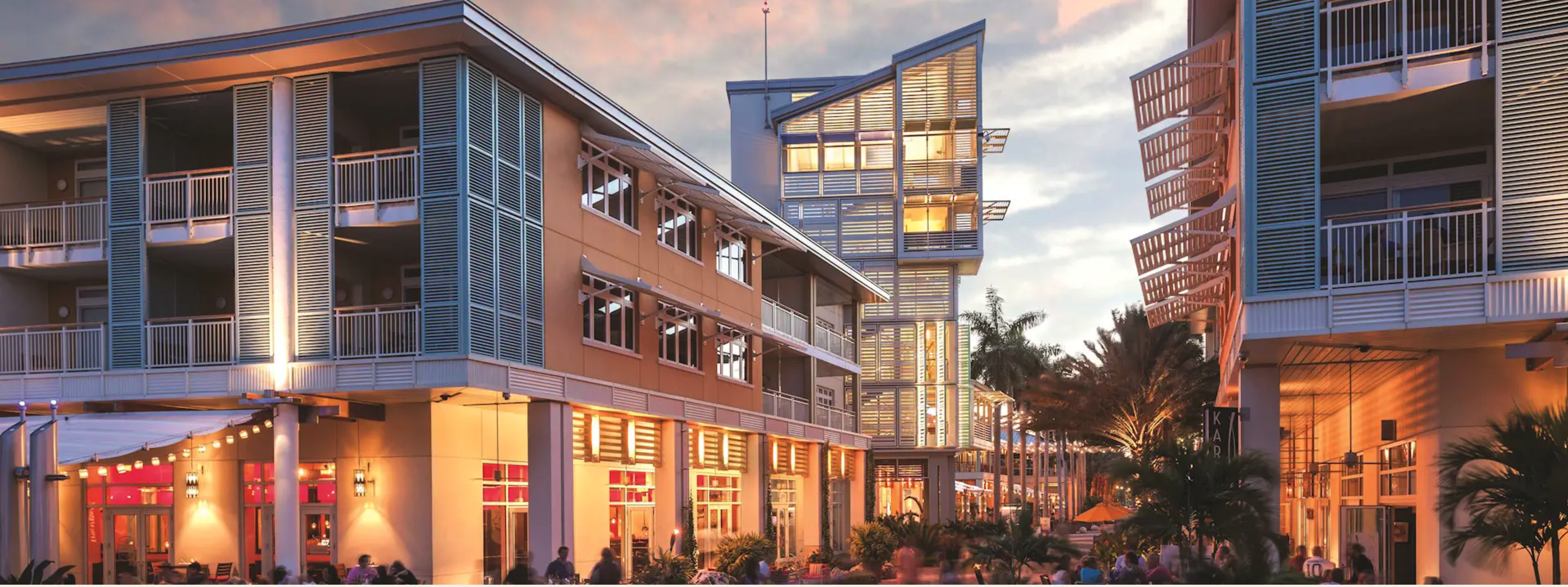 Camana Bay City Centre at dusk, Grand Cayman